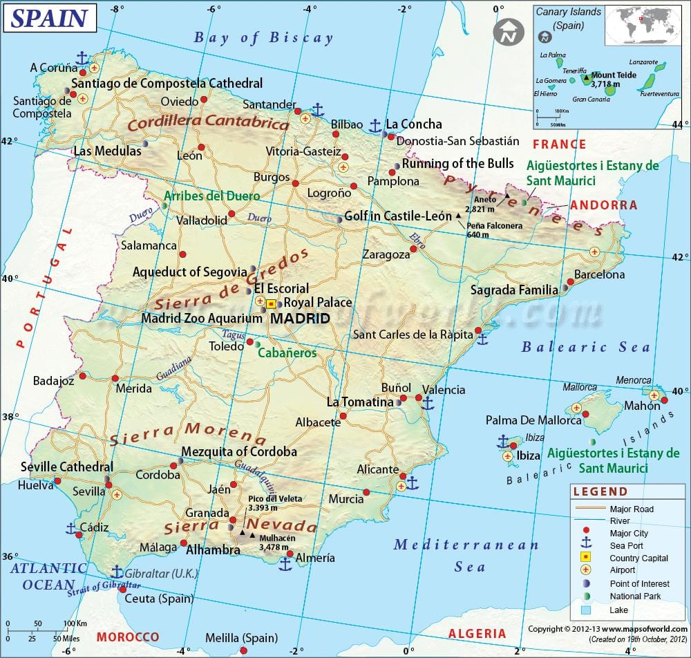 Karte von Spanien zeigt große Städte