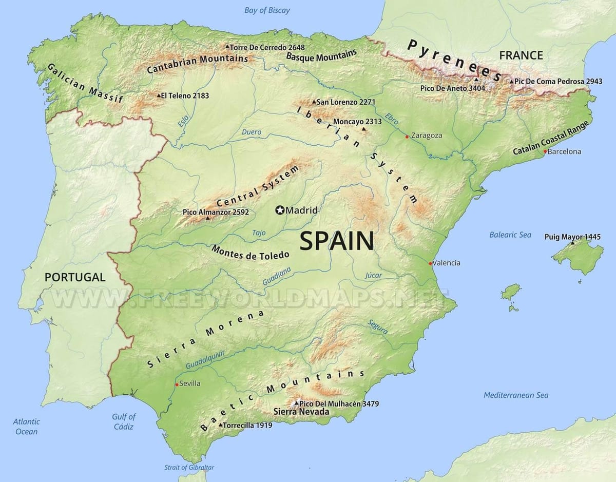 Karte von Spanien Berge