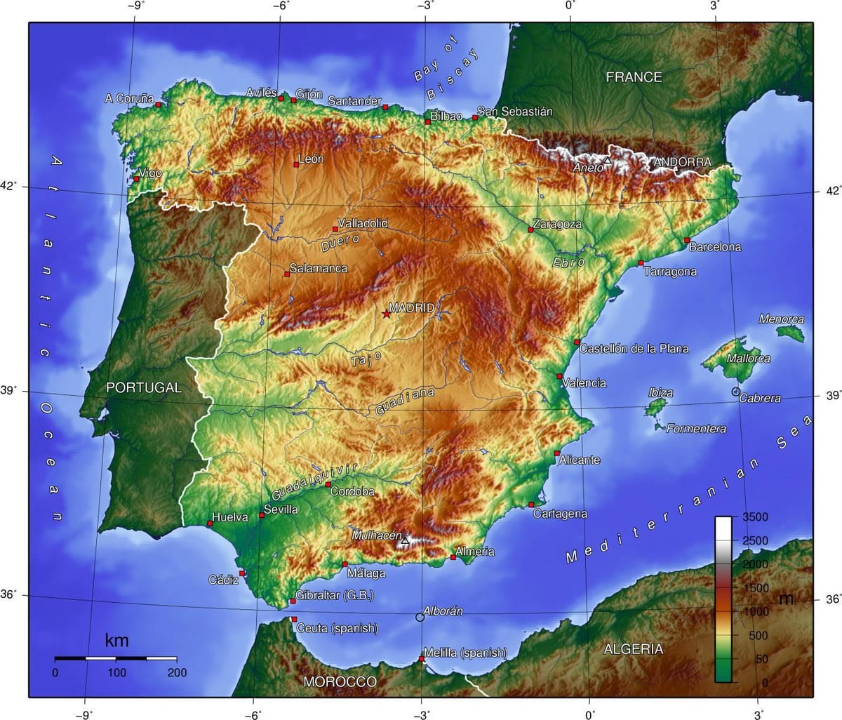 Karte von Spanien elevation