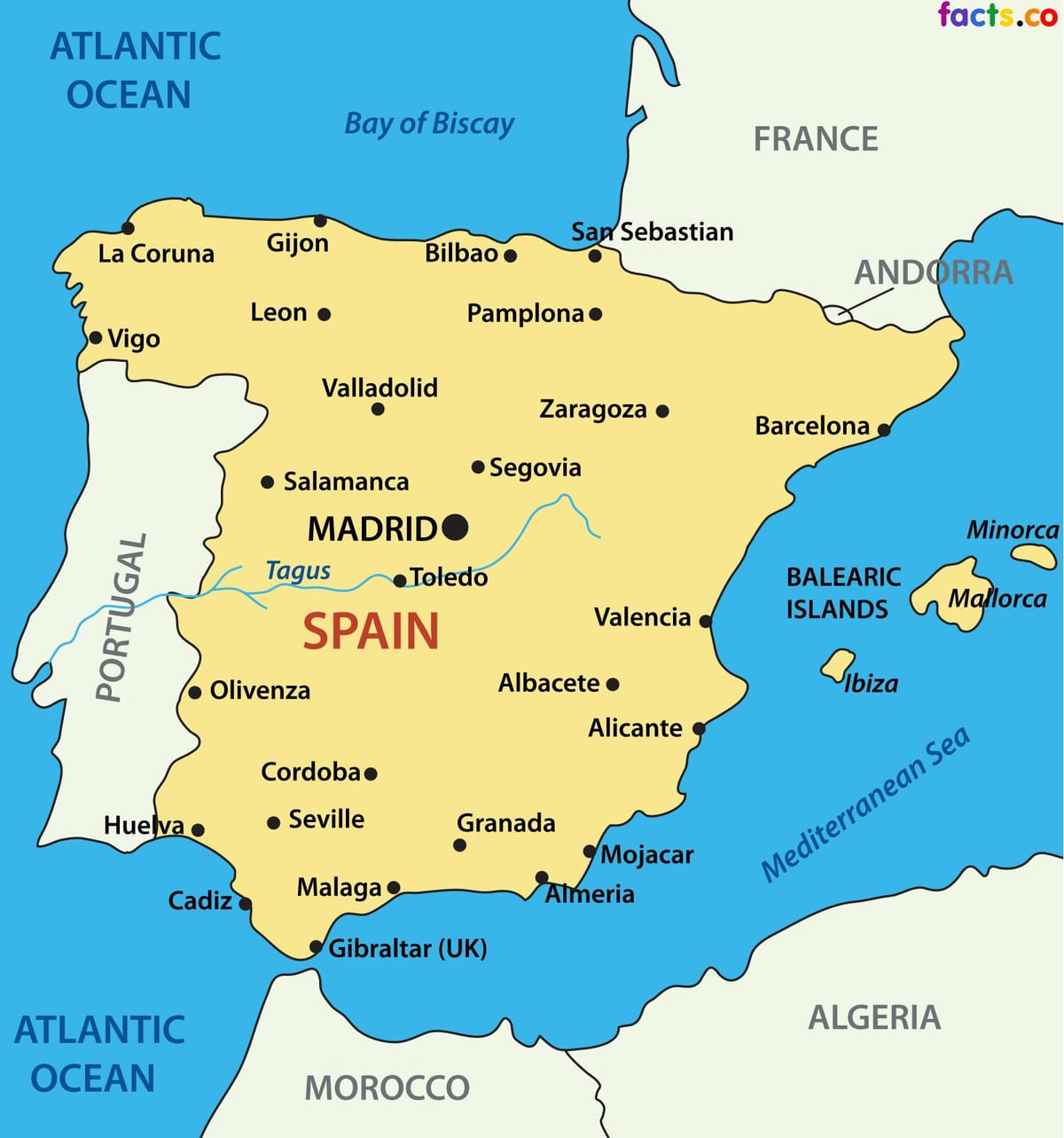 Karte von Spanien zeigt Städte