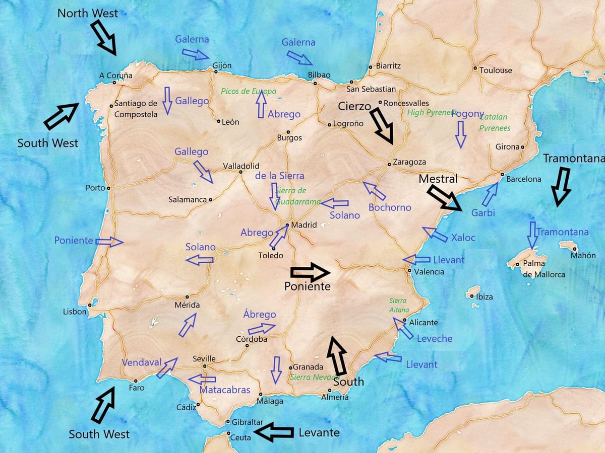 Karte von Spanien wind